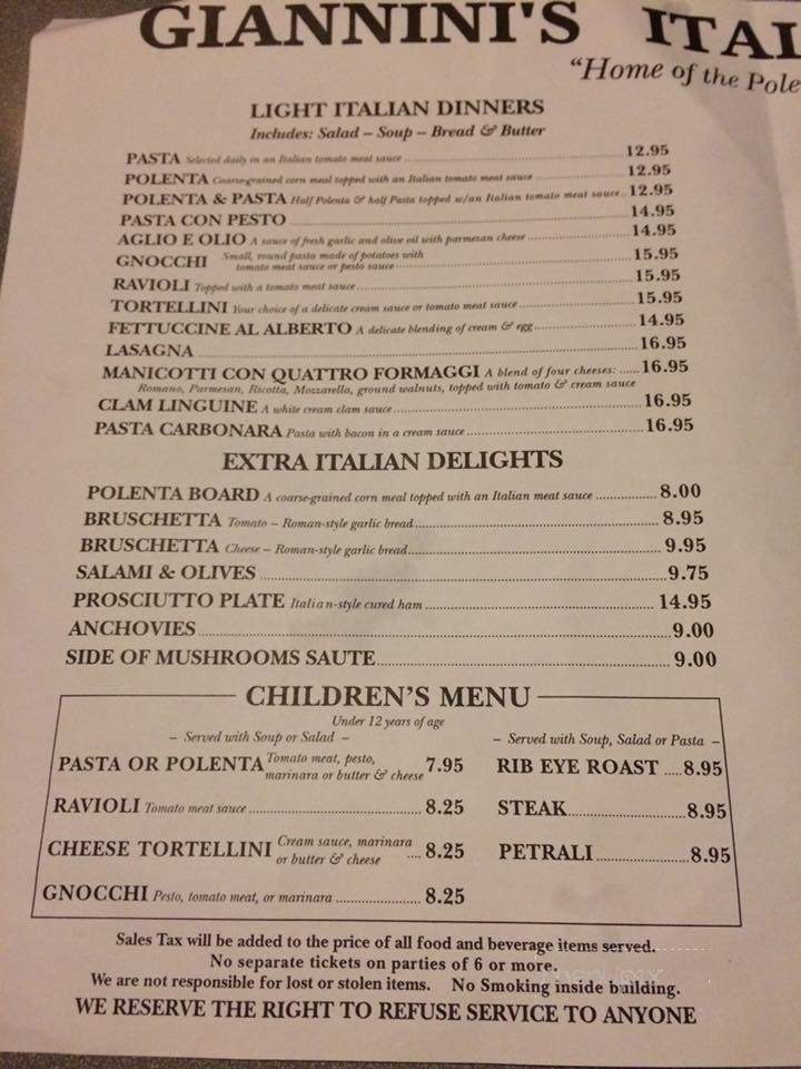 Giannini's Italian Dinners - Pine Grove, CA menu_pic