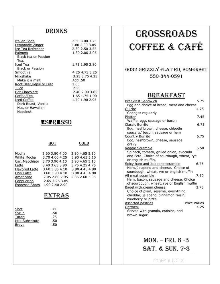 Crossroads Coffee - Grizzly Flats, CA menu_pic