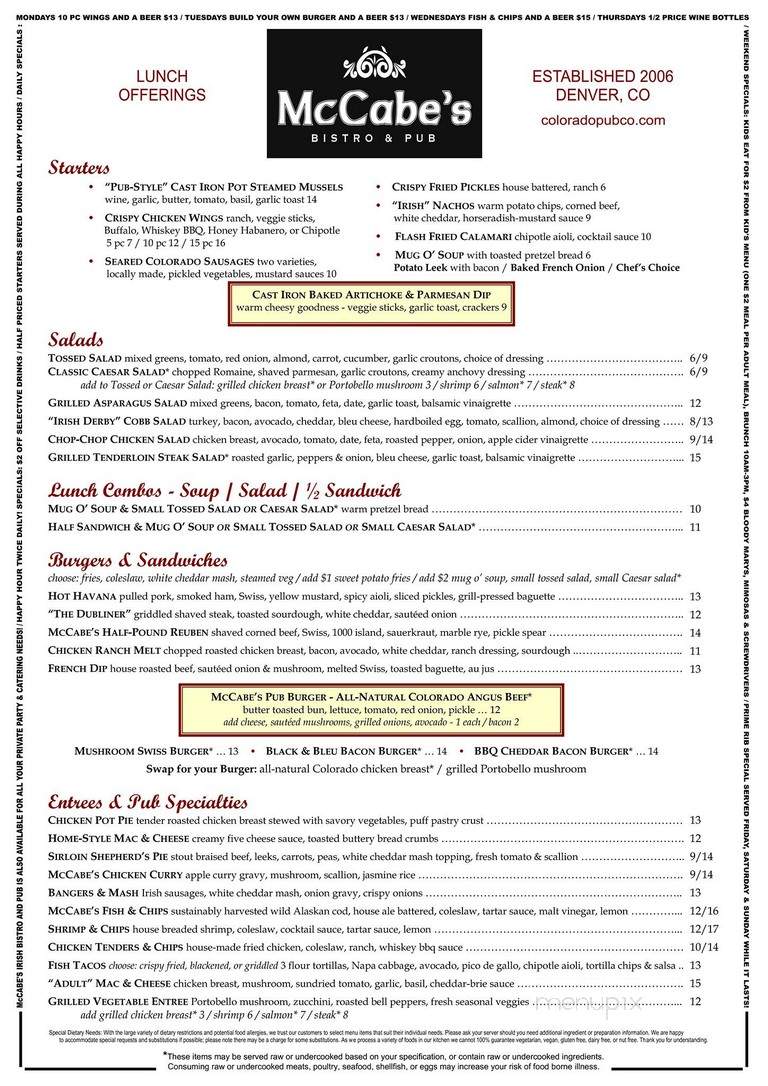 Mc Cabes Irish Bistro & Pub - Aurora, CO menu_pic