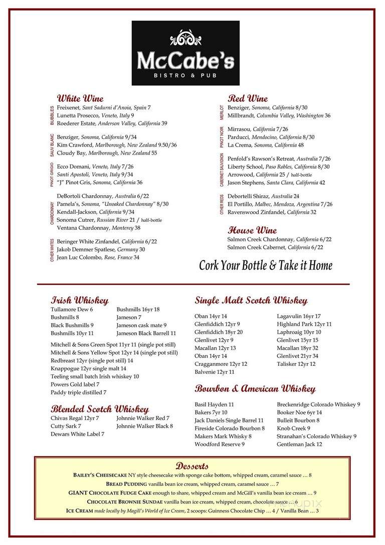 Mc Cabes Irish Bistro & Pub - Aurora, CO menu_pic