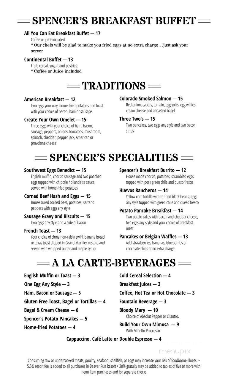 Spencer's Steaks & Spirits - Breckenridge, CO menu_pic