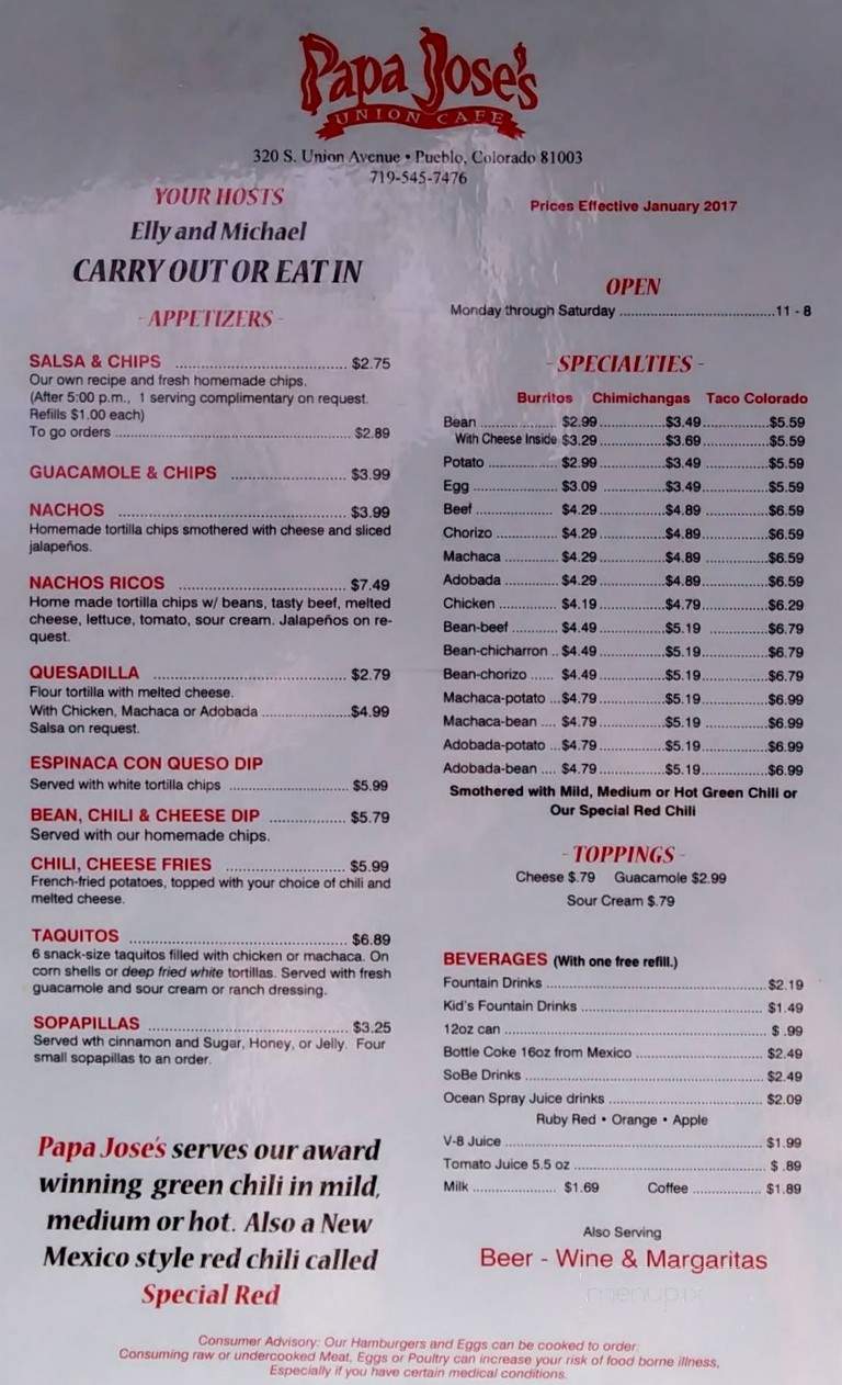 Papa Jose's Union Cafe - Pueblo, CO menu_pic