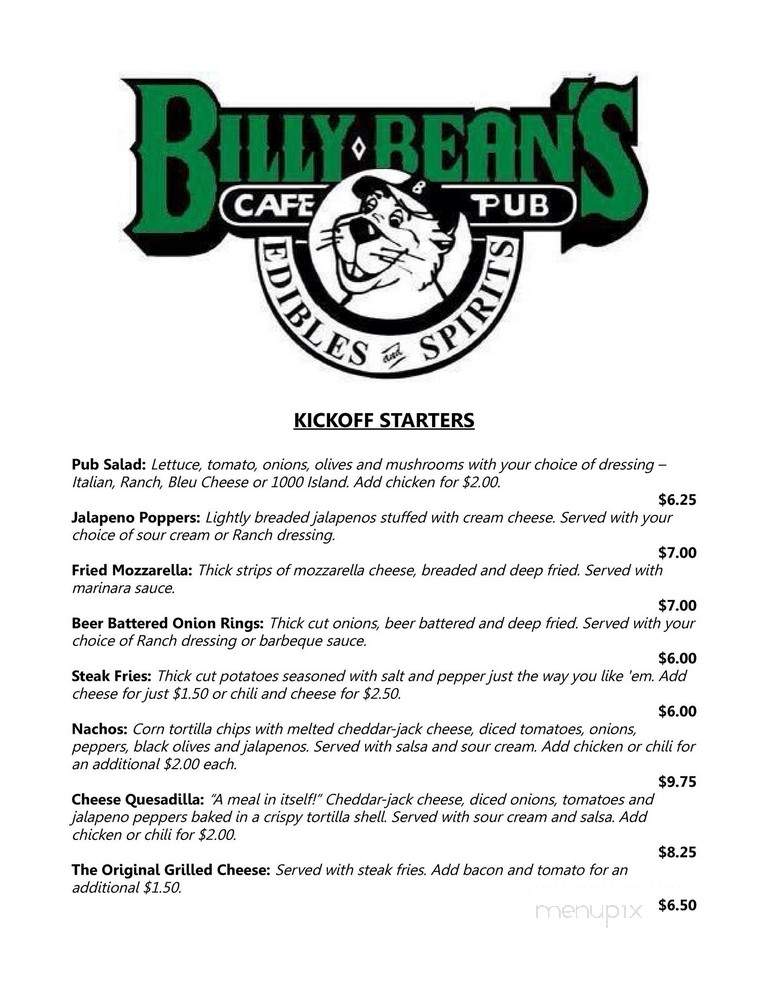 Billy Bean's Cafe & Pub - Danbury, CT menu_pic