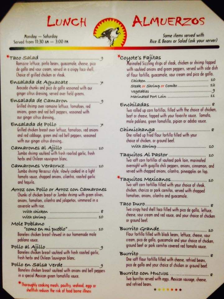 El Coyote Restaurant - Monroe, CT menu_pic
