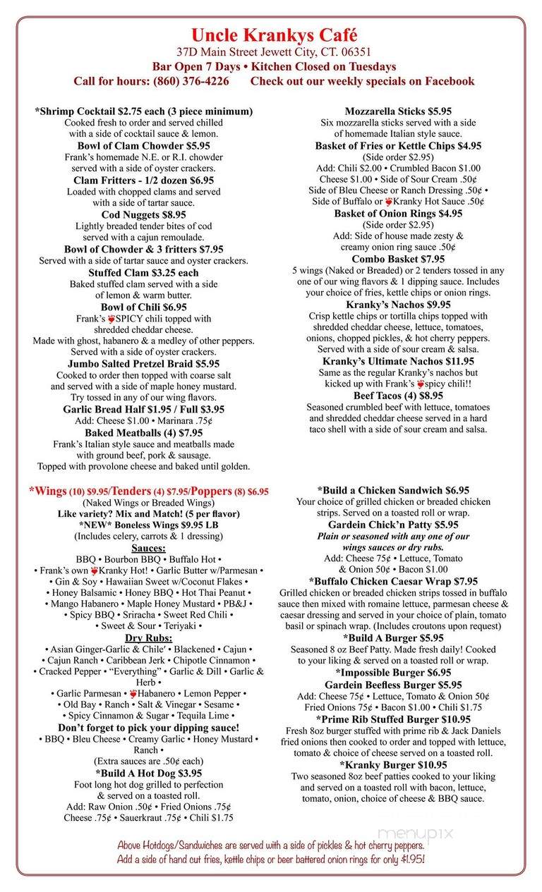 Uncle Kranky's Cafe - Jewett City, CT menu_pic