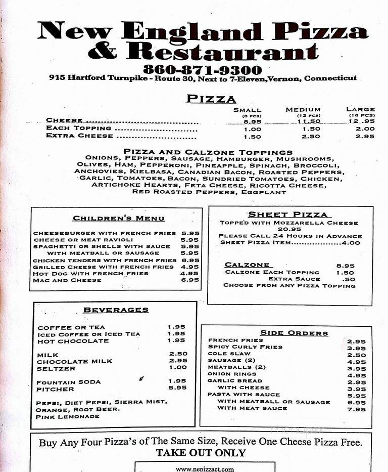 New England Pizza & Restaurant - Vernon-Rockville, CT