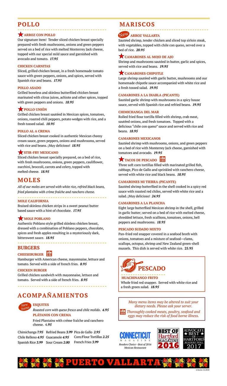 Puerto Vallarta Restaurant - Avon, CT menu_pic