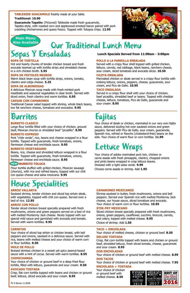 Puerto Vallarta Restaurant - Avon, CT menu_pic