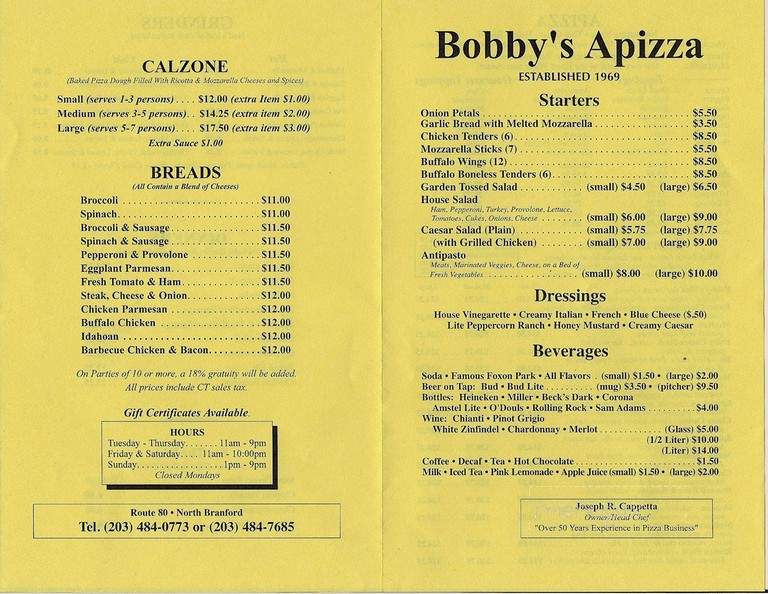 Bobby's Apizza Restaurant - North Branford, CT menu_pic