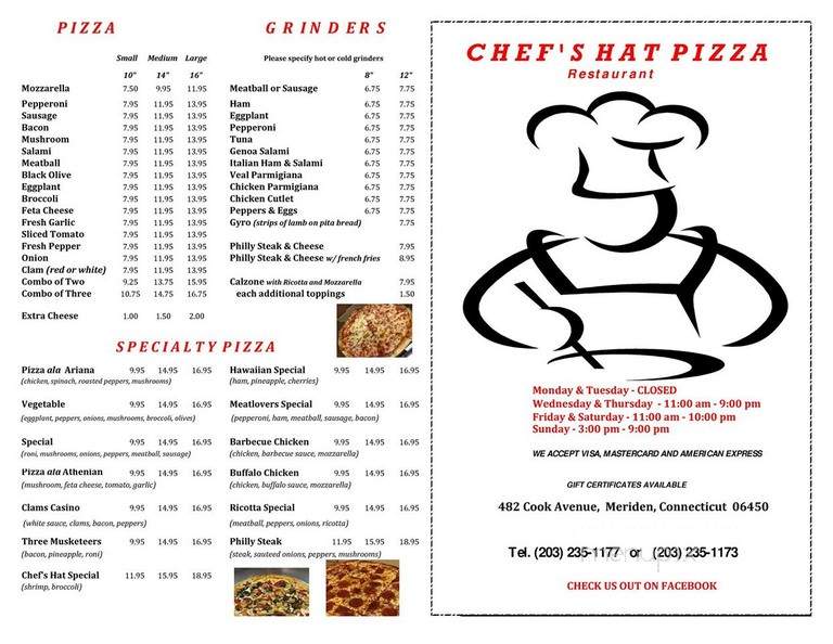 Chef's Hat Pizza - Meriden, CT menu_pic