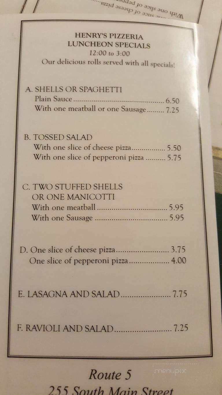 Henry's Pizzeria - East Windsor, CT menu_pic