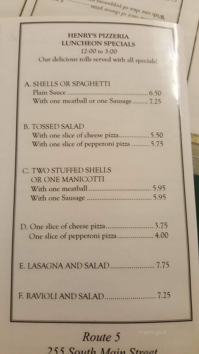 Henry's Pizzeria - East Windsor, CT menu_pic