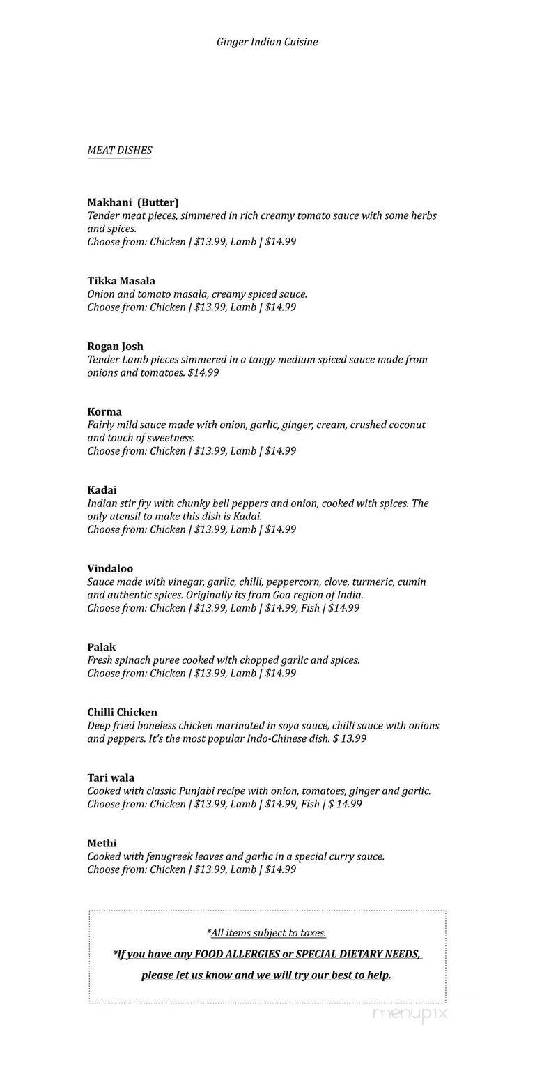 Ginger Indian Cuisine - Richmond, BC menu_pic