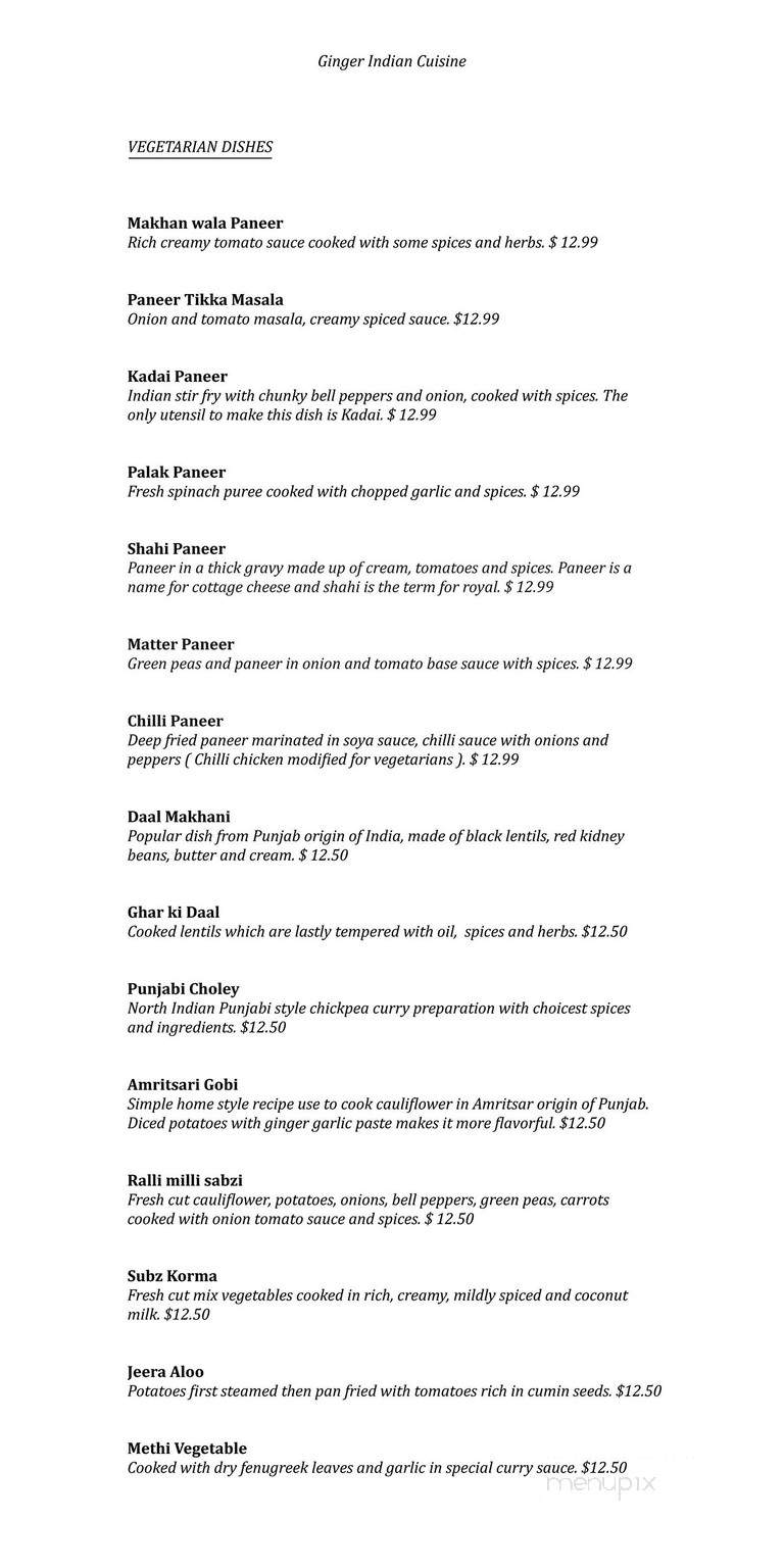 Ginger Indian Cuisine - Richmond, BC menu_pic