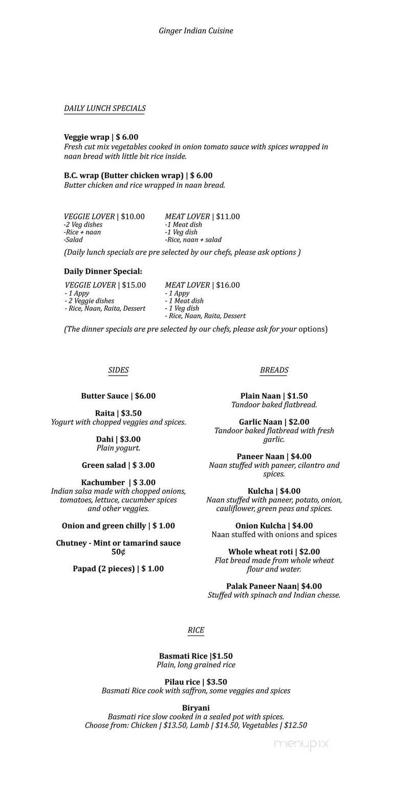 Ginger Indian Cuisine - Richmond, BC menu_pic