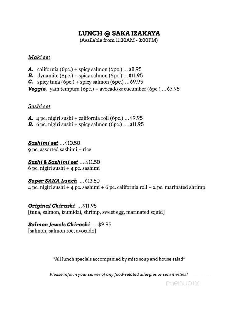Saka Izakaya - Kingston, ON menu_pic