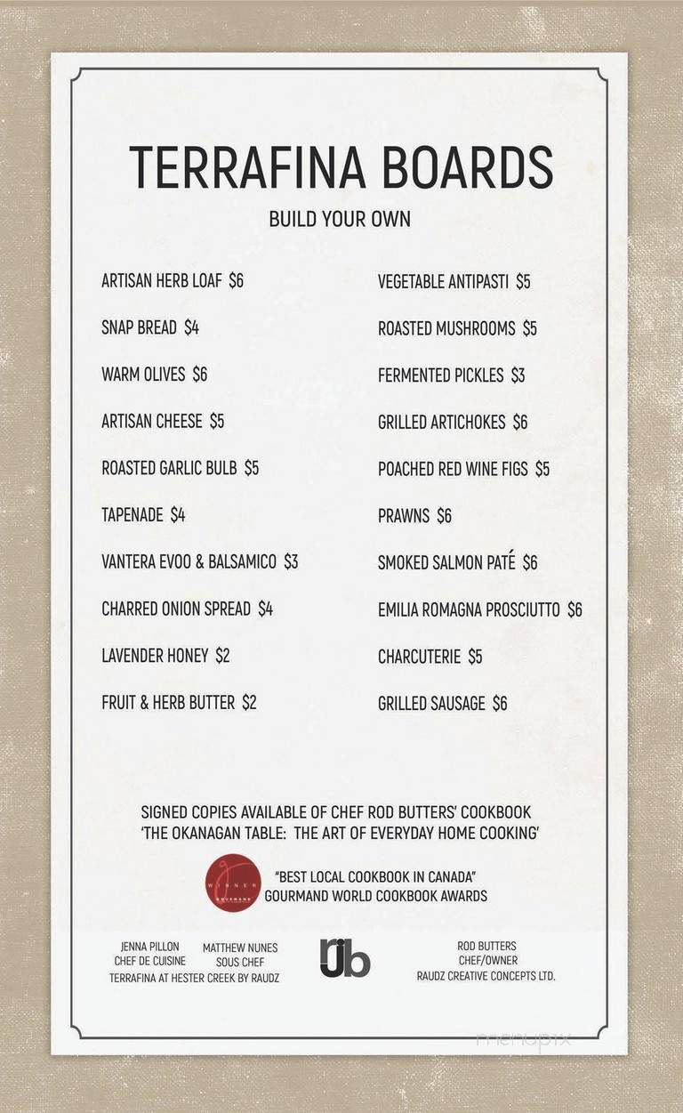 Terrafina Restaurant At Hester Creek - Oliver, BC menu_pic
