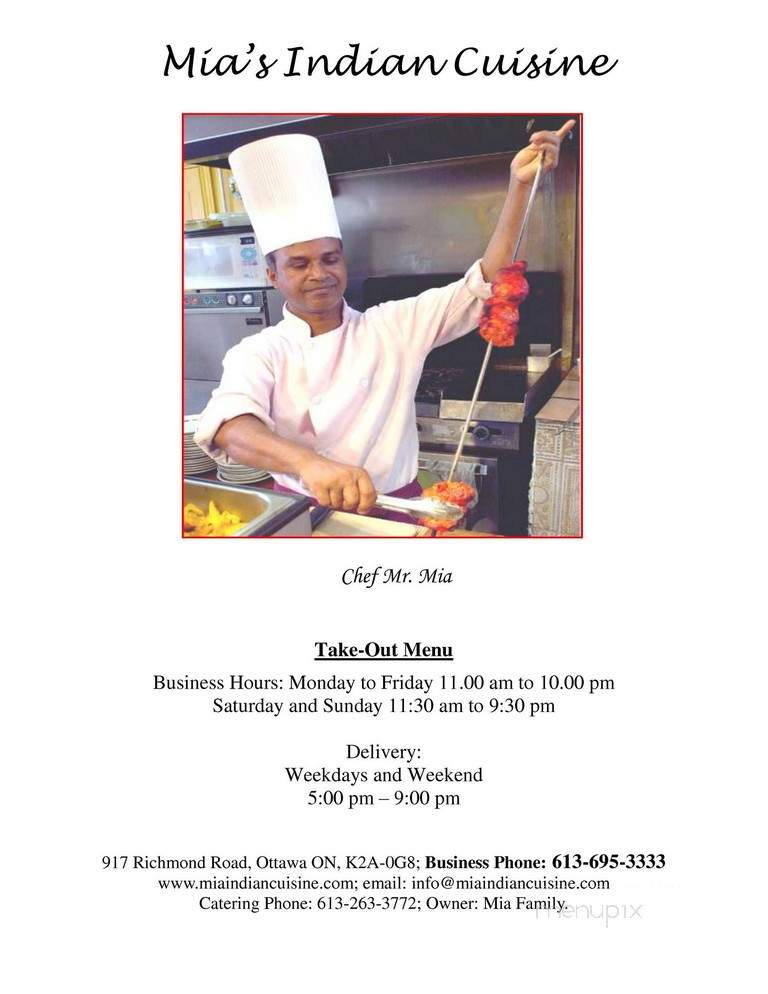 Mia's Indian Cuisine - Ottawa, ON menu_pic
