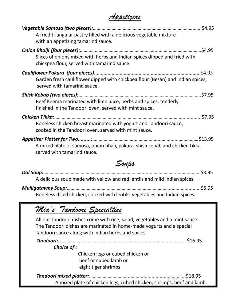 Mia's Indian Cuisine - Ottawa, ON menu_pic