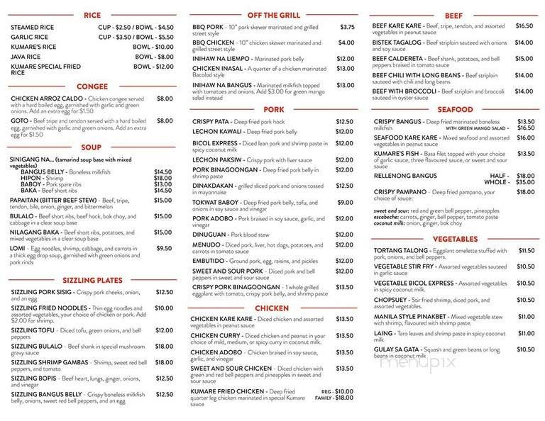Menu of Kumare Restaurant & Bakery in Delta, BC V4C 6P7