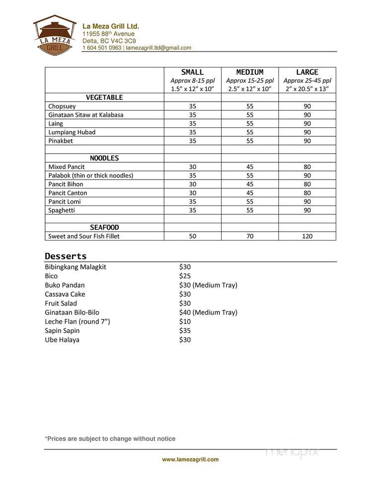 La Meza Grill - Delta, BC menu_pic