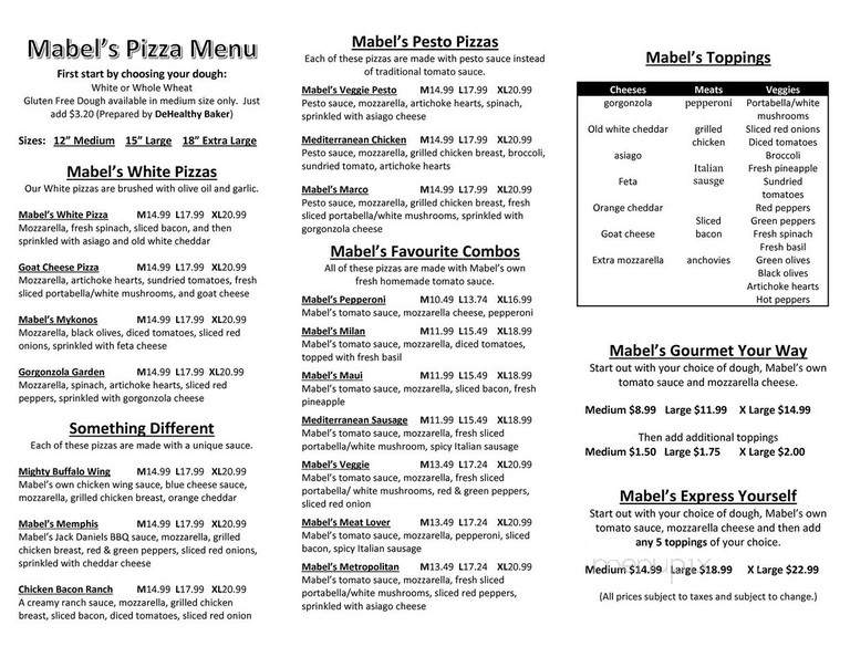 Mabel's Gourmet Pizza - Fort Erie, ON menu_pic
