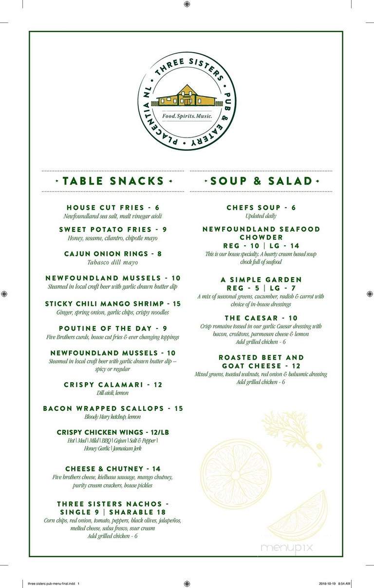 The Three Sisters Pub Restaurant - Placentia, NL menu_pic