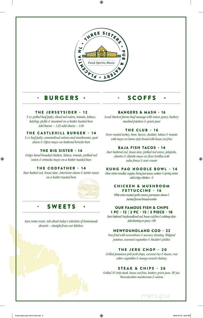 The Three Sisters Pub Restaurant - Placentia, NL menu_pic