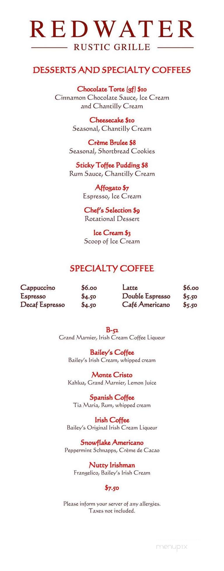 Redwater Rustic Grille - Charlottetown, PE menu_pic