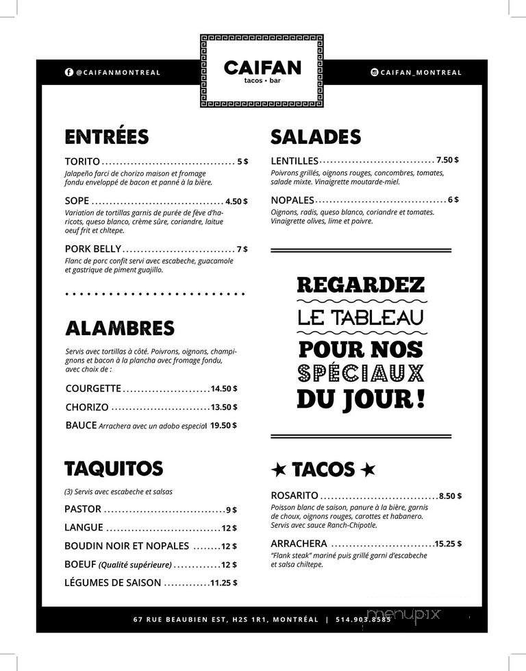 Caifan Tacos Bar - Montreal, QC menu_pic