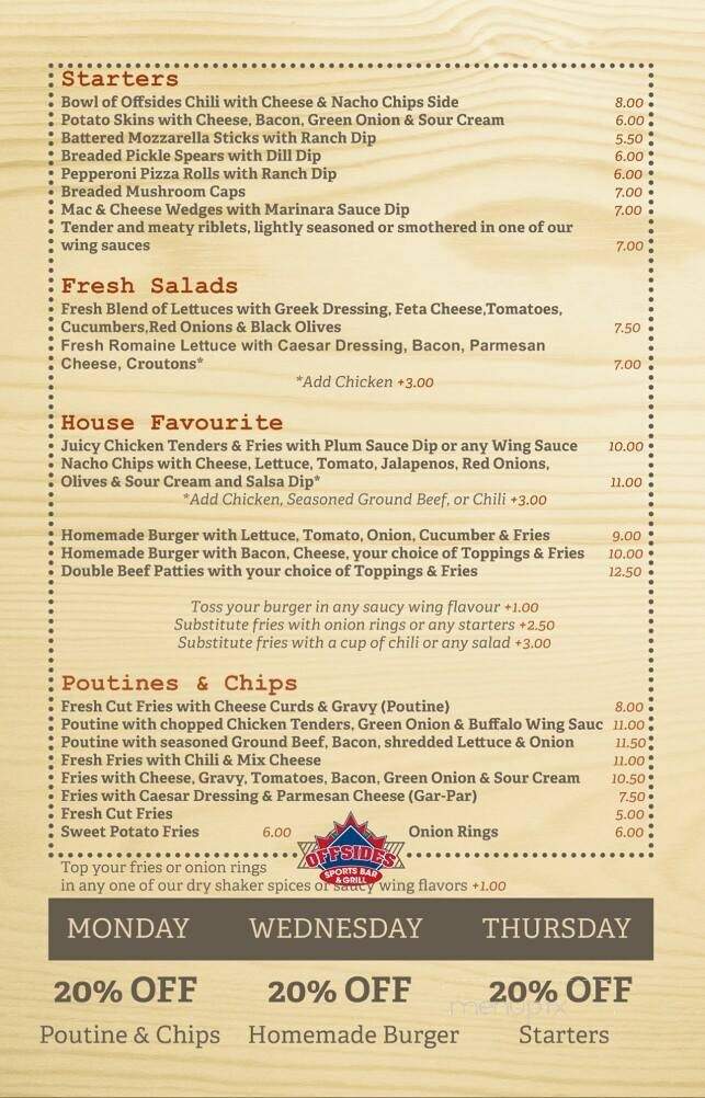 Offsides Bar & Grill - Keswick, ON menu_pic
