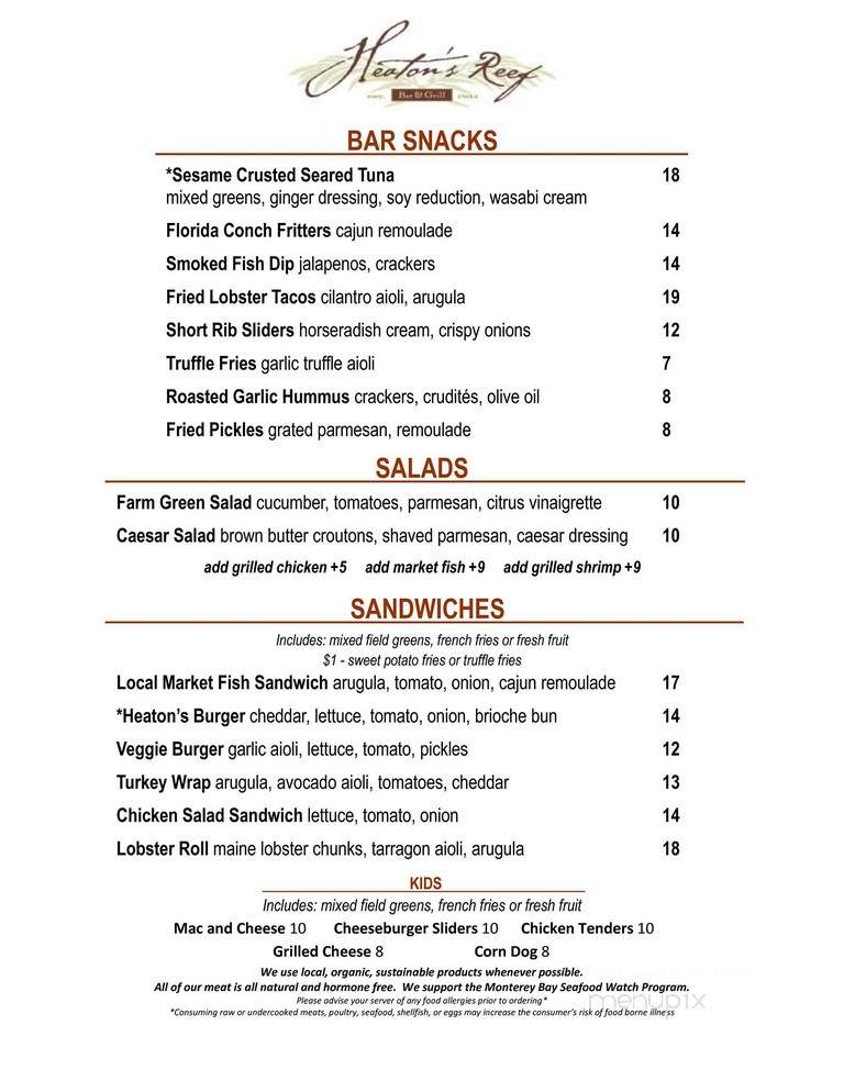 Heaton's Reef Bar & Grill - Vero Beach, FL menu_pic