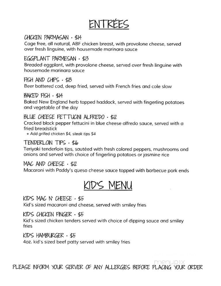 Paddy's Bistro - Dalton, MA menu_pic