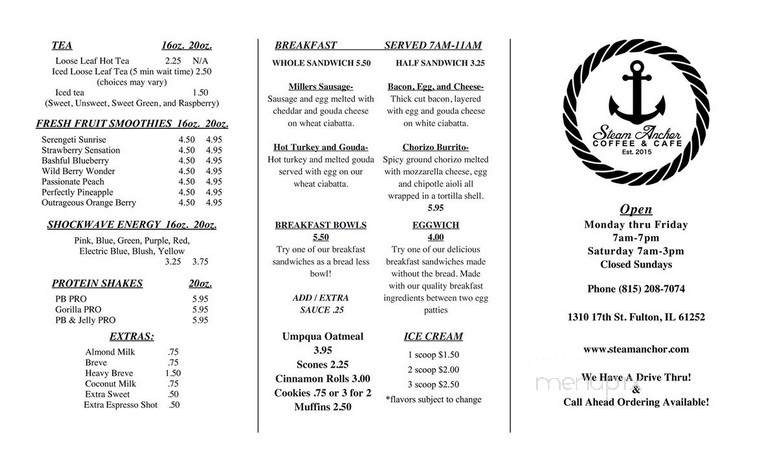 Steam Anchor Coffee - Fulton, IL menu_pic