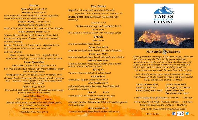 Tara's Himalayan Cuisine - Artesia, CA menu_pic
