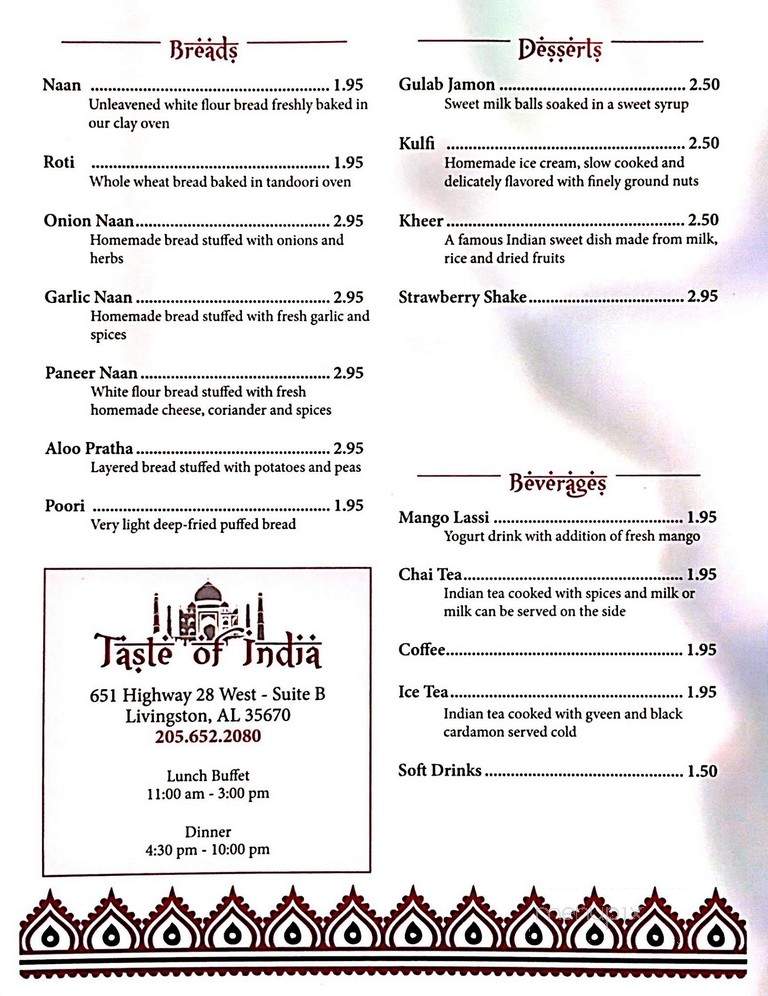 Taste of India - Livingston, AL menu_pic