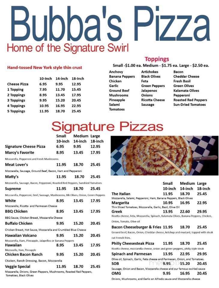 Bubba's Pizza - Tallahassee, FL menu_pic