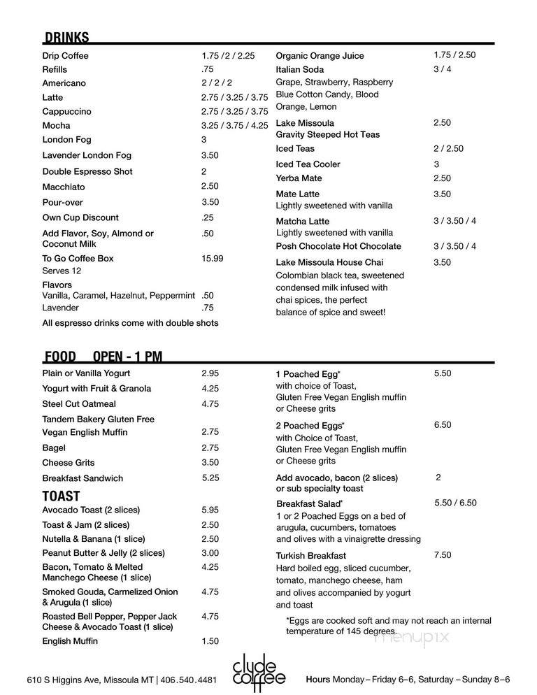 Clyde Coffee - Missoula, MT menu_pic