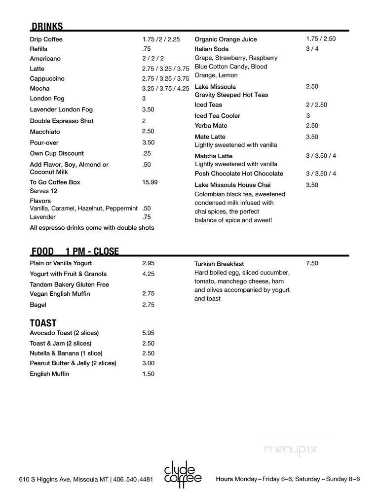 Clyde Coffee - Missoula, MT menu_pic