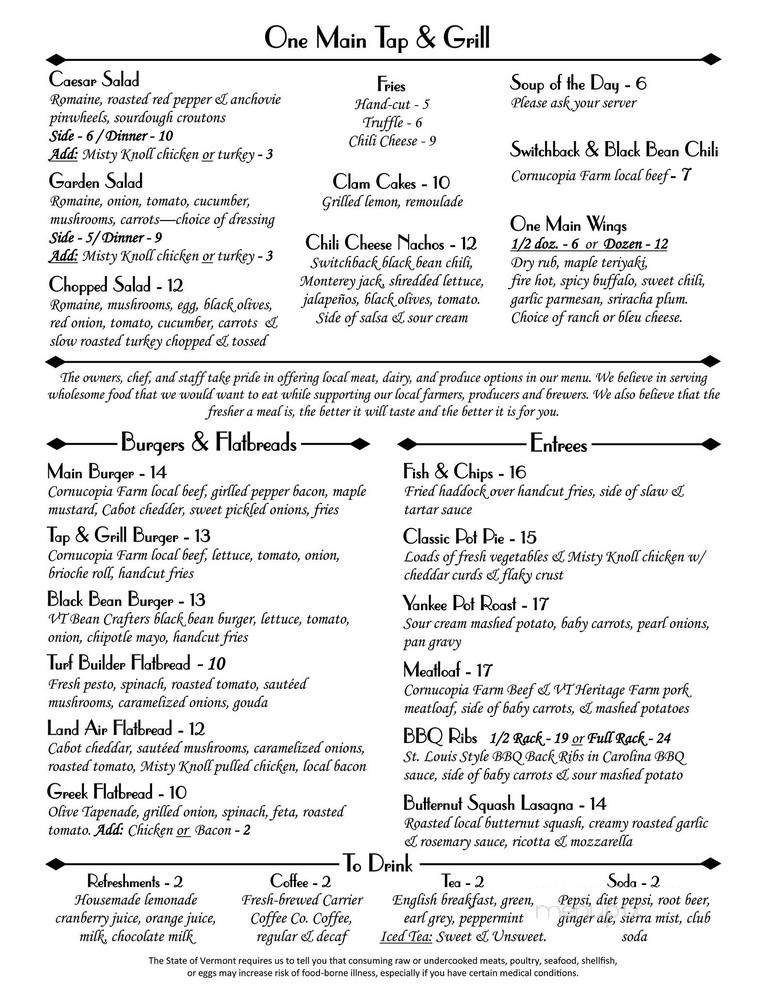One Main Tap and Grill - Randolph, VT menu_pic