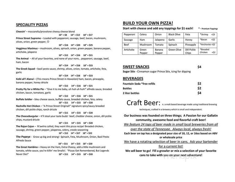 Prince Street Pizza and Pub - Gallatin, TN menu_pic
