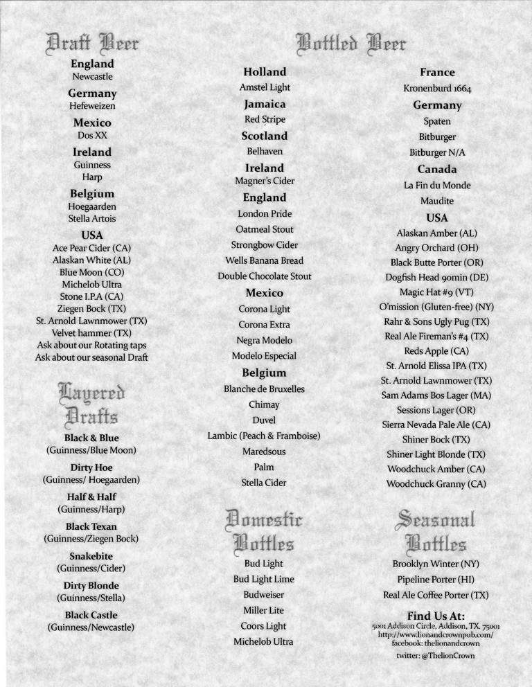 The Lion & Crown Pub - Allen, TX menu_pic