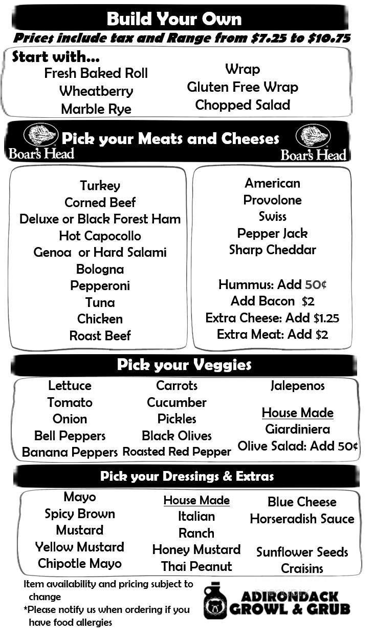 Adirondack Growl & Grub - Long Lake, NY menu_pic