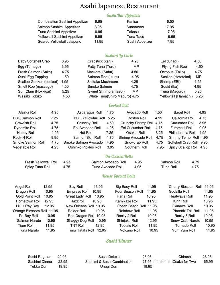 Asahi Japanese Restaurant - Brandon, MS menu_pic