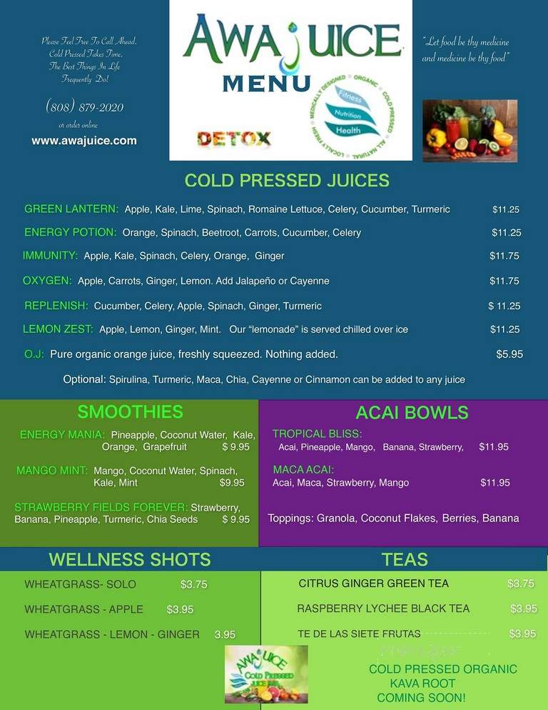 AwaJuice - Wailea, HI menu_pic