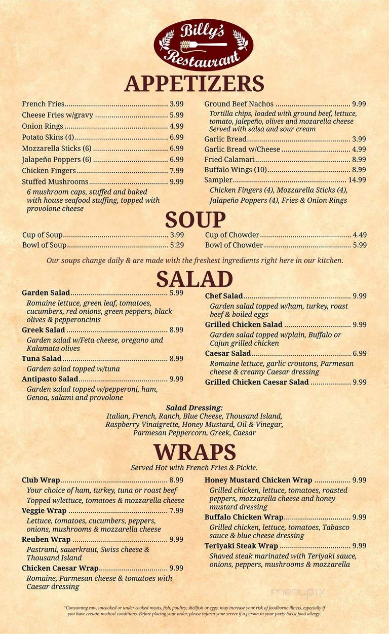 Billy's Restaurant & Pizza - Plainfield, CT menu_pic