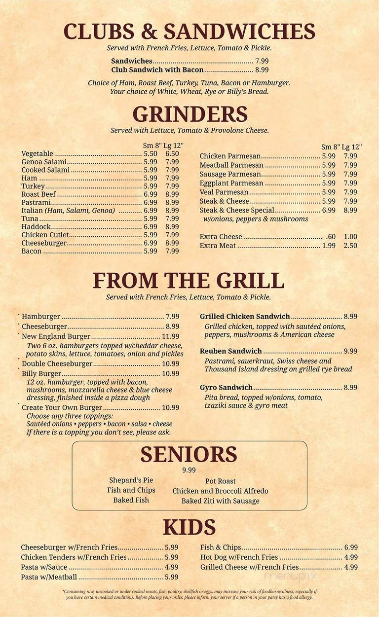 Billy's Restaurant & Pizza - Plainfield, CT menu_pic