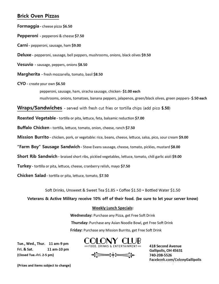 Colony Club - Gallipolis, OH menu_pic