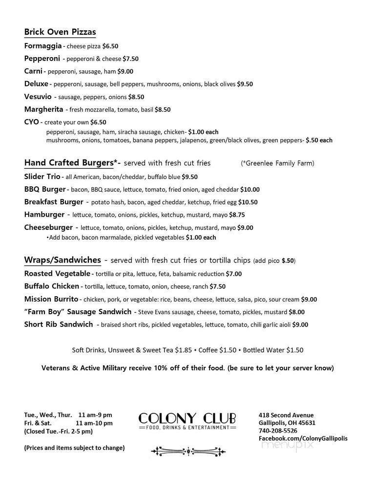 Colony Club - Gallipolis, OH menu_pic