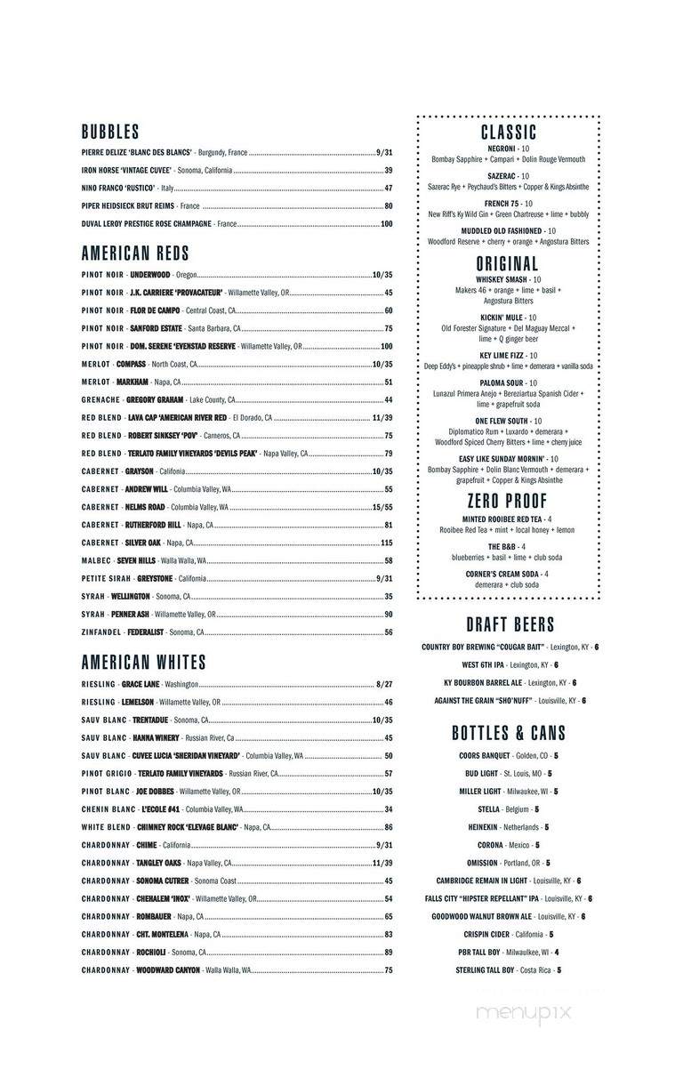 Corner Restaurant & Bar - Louisville, KY menu_pic